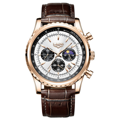 Luxury watch with brown leather strap and rose gold casing on white background