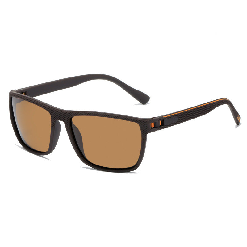 Sunglasses with brown lenses and black frame on a white background