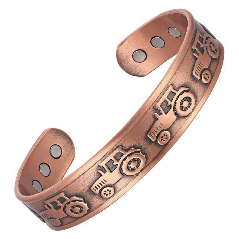 Copper-tone magnetic bracelet angled view with engraved panels and three round snap points