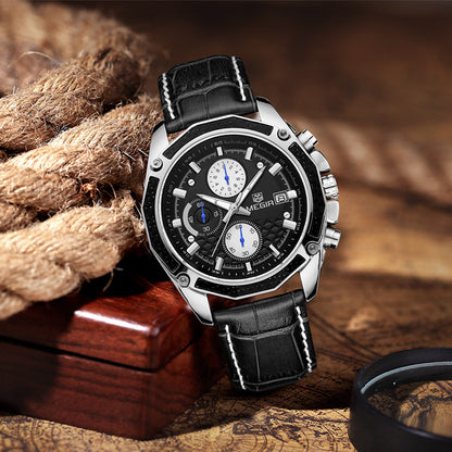 MEGIR quartz watch with black dial, contrasting subdials and black stitched strap
