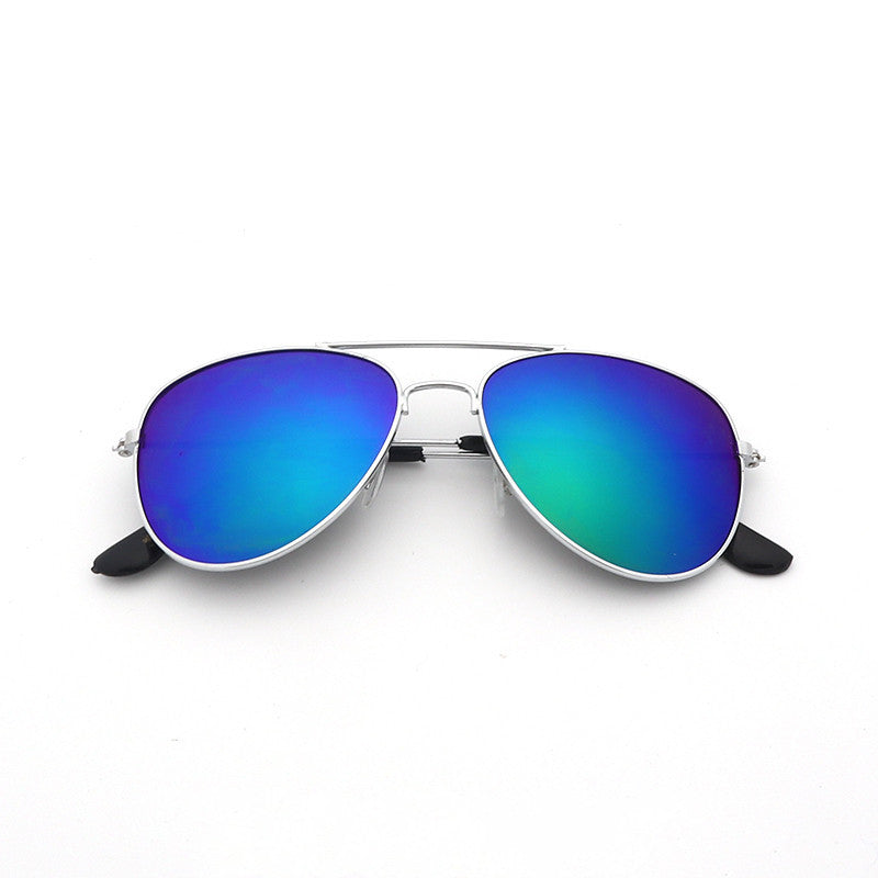 Unisex sunglasses with silver frame and blue mirrored lenses, oval aviator design.