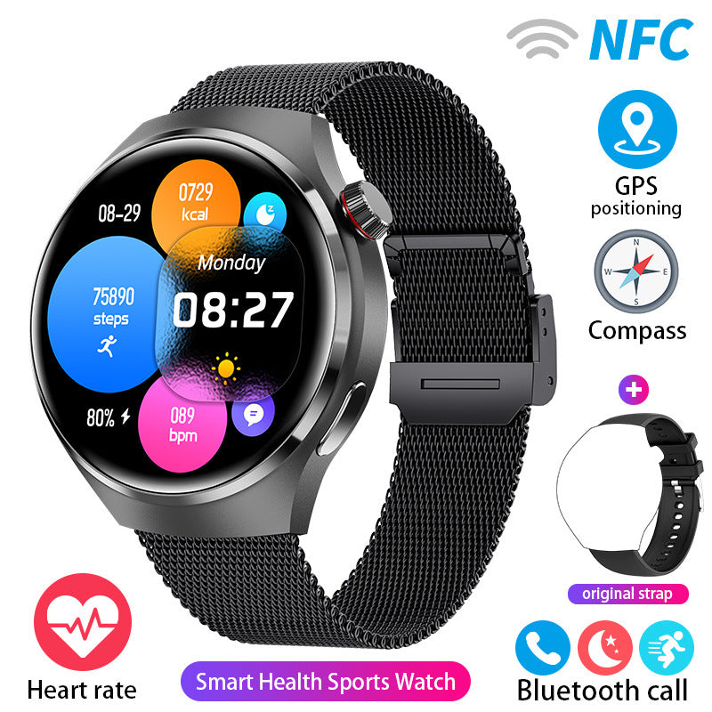 Round smartwatch with black mesh strap and colorful health metrics display