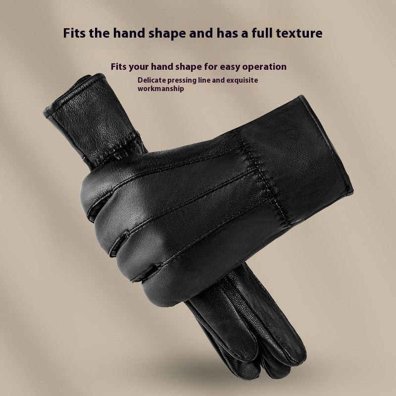 Black leather glove on a beige background with text about glove fit and texture.