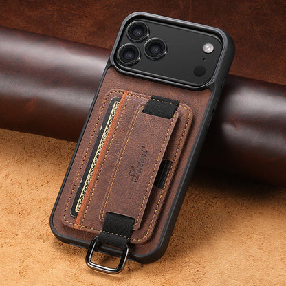 Black iPhone case with card slot, strap holder, and metal ring buckle at bottom