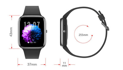 Black smartwatch with touchscreen display and silicone strap.