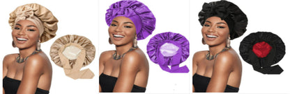 Set of satin bonnet caps in beige, lavender, and black with gathered round ribbon tops