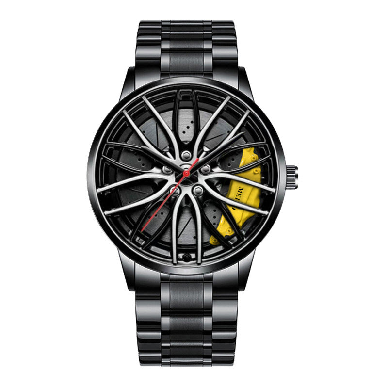 Wristwatch with a unique design resembling a car wheel on a white background