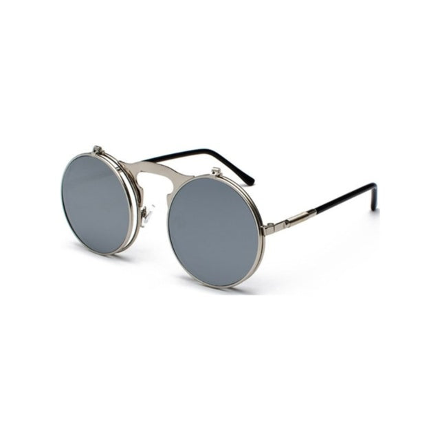 Round sunglasses with metallic frame and dark lenses on a white background
