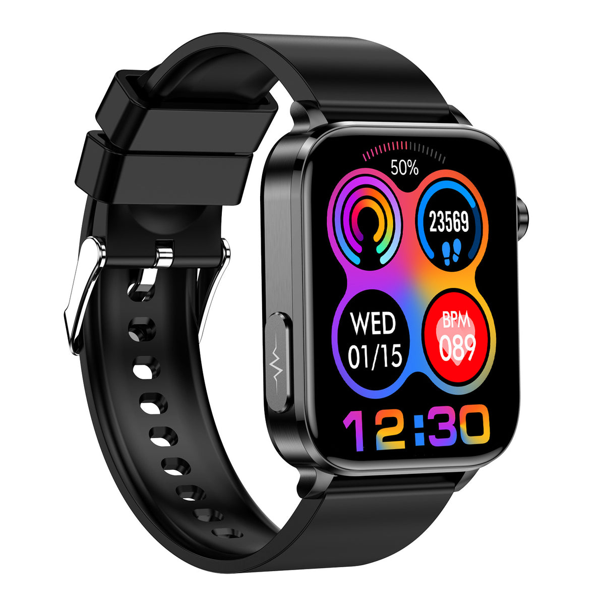 Bluetooth calling smart watch with black silicone strap, colorful fitness watch face