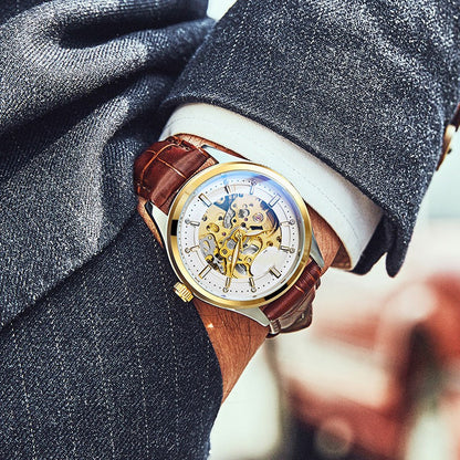 Close-up of a person wearing a brown leather watch with a detailed face.