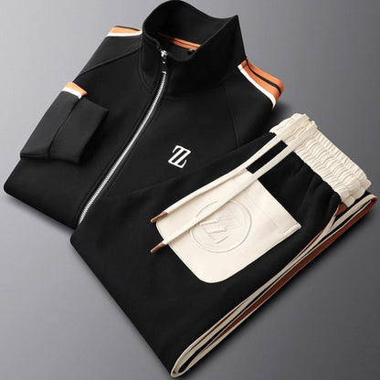 Black and beige tracksuit with a brand logo on a gray background