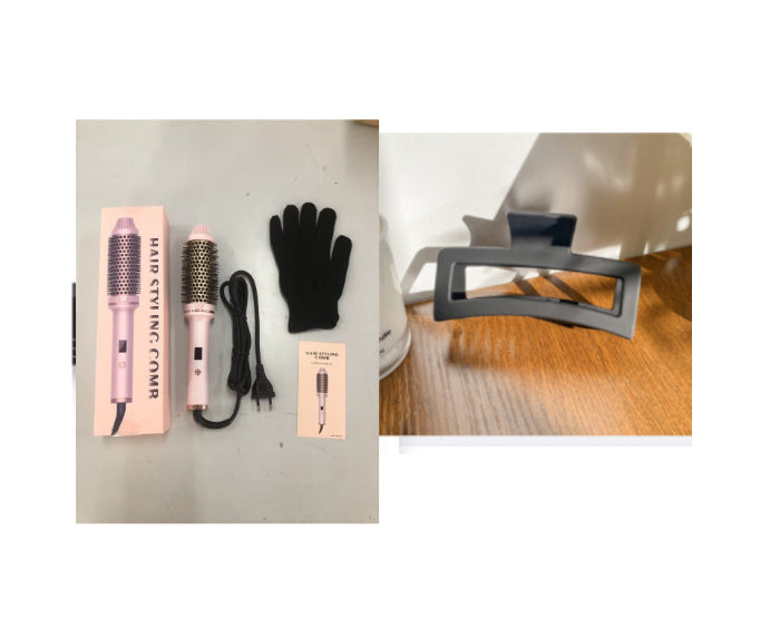 Pink hair styling comb with packaging, black glove, and hair clip on a white surface.