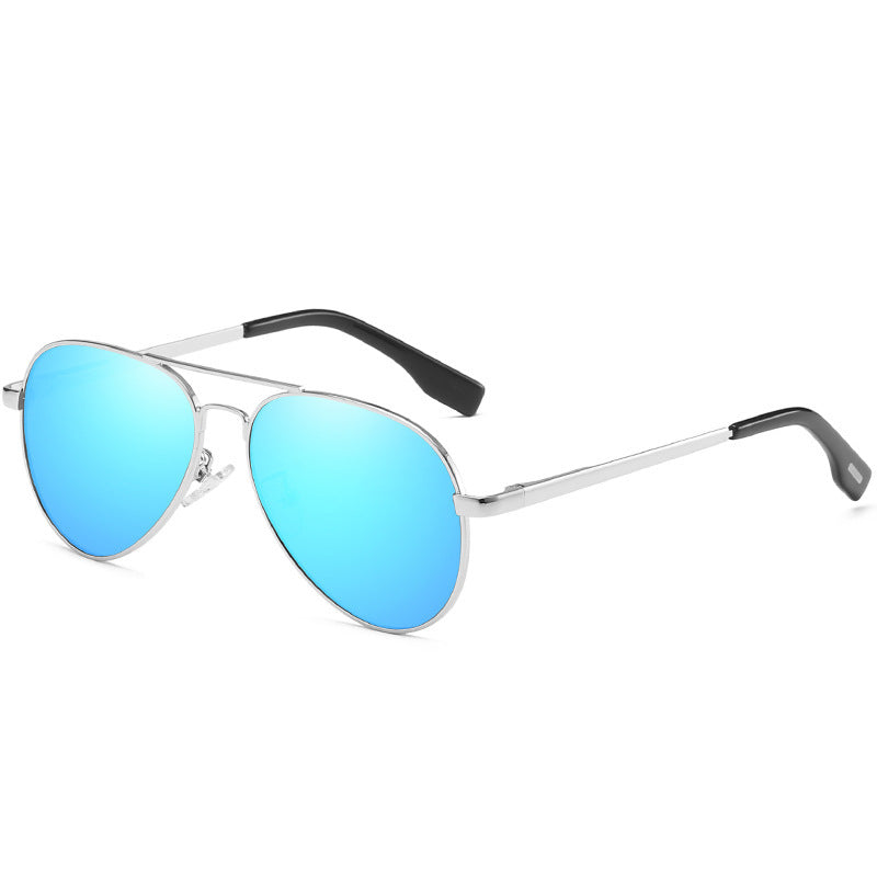 Sunglasses with blue reflective lenses and silver frames on a white background