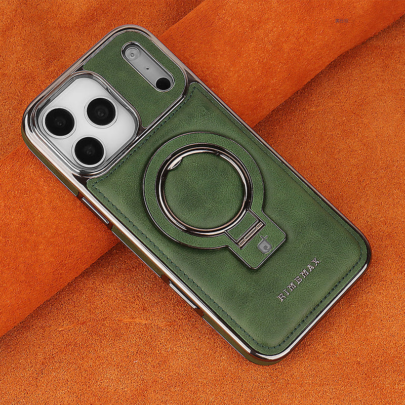 Leather iPhone Pro Max case with ring stand, green with camera cutouts
