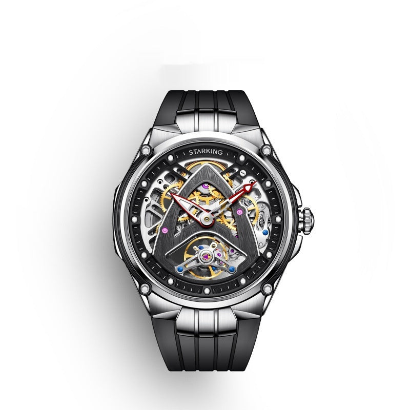 Automatic mechanical skeleton watch angled view, black strap and bezel, exposed colorful gears