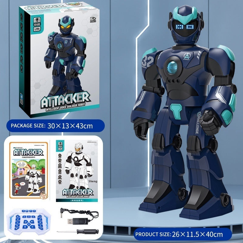 Toy robot with packaging and accessories on a blue background