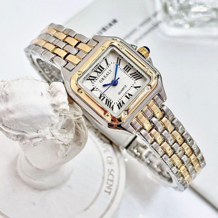 Two-tone retro square wristwatch with silver-gold mesh bracelet, jeweled bezel, white dial