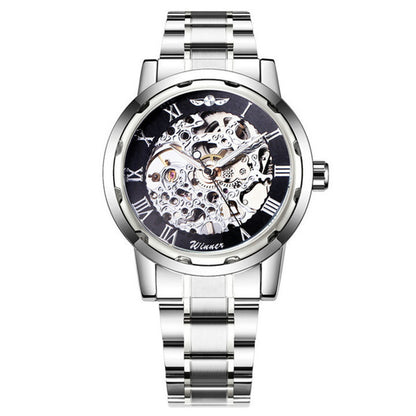 Silver wristwatch with a black face and visible mechanical components on a white background