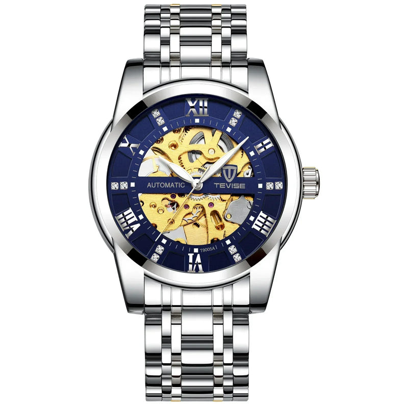 Mechanical skeleton watch, blue skeleton dial with gold hands and silver link bracelet