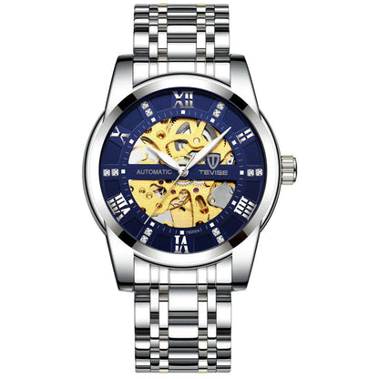 Mechanical skeleton watch, blue skeleton dial with Roman numerals and silver metal bracelet