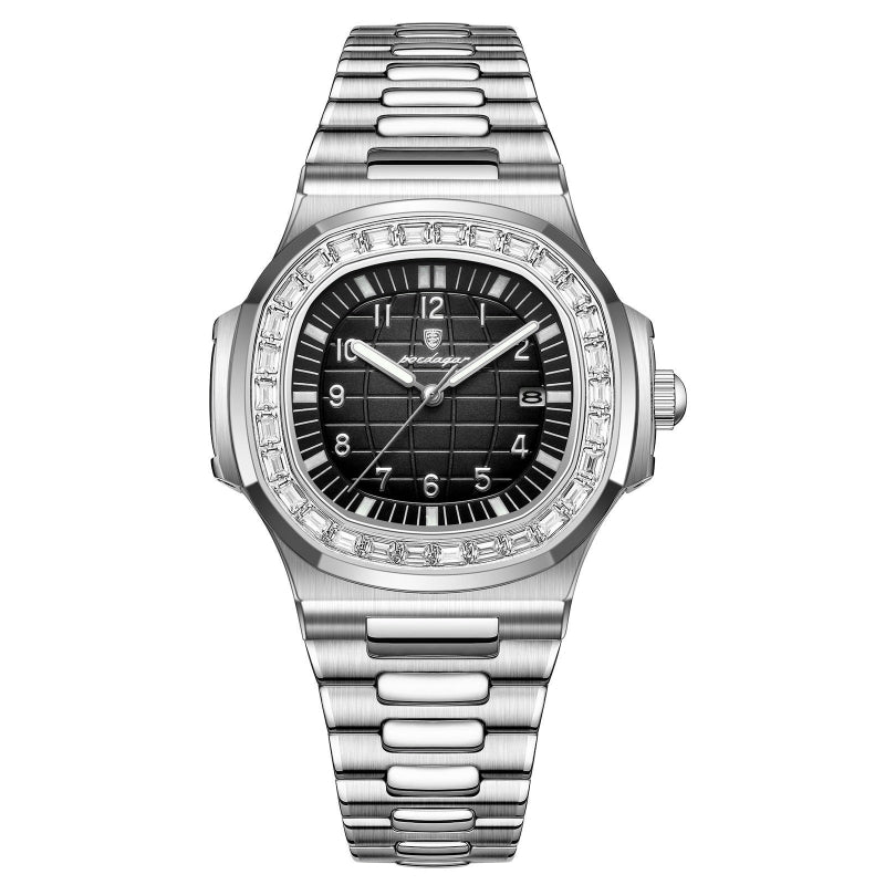 Quartz dress watch with silver bezel, dark blue dial, and stainless steel link bracelet