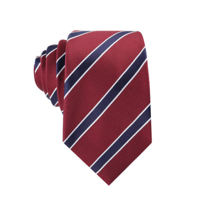 Red and navy striped tie on a white background