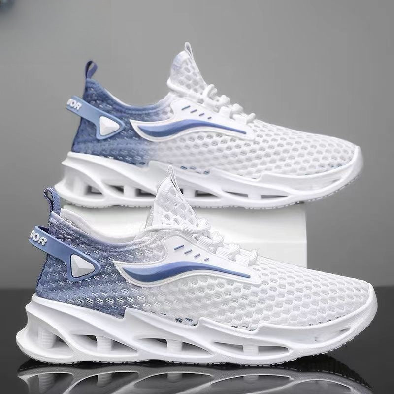 Men's white and blue lace-up mesh running shoes with thick sculpted midsole