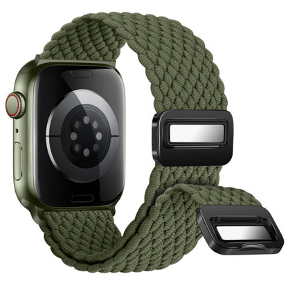 Green braided watch band with black clasp on a white background