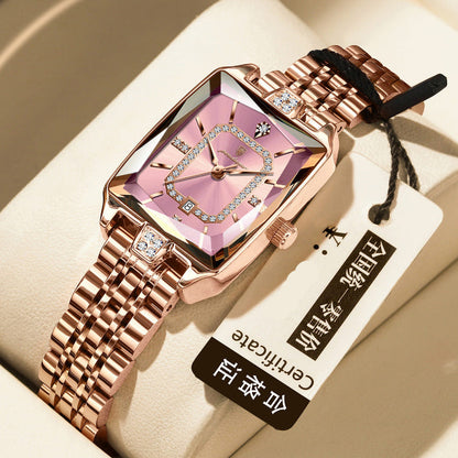 Women's waterproof quartz watch with rose-gold metal bracelet and pink jeweled square dial