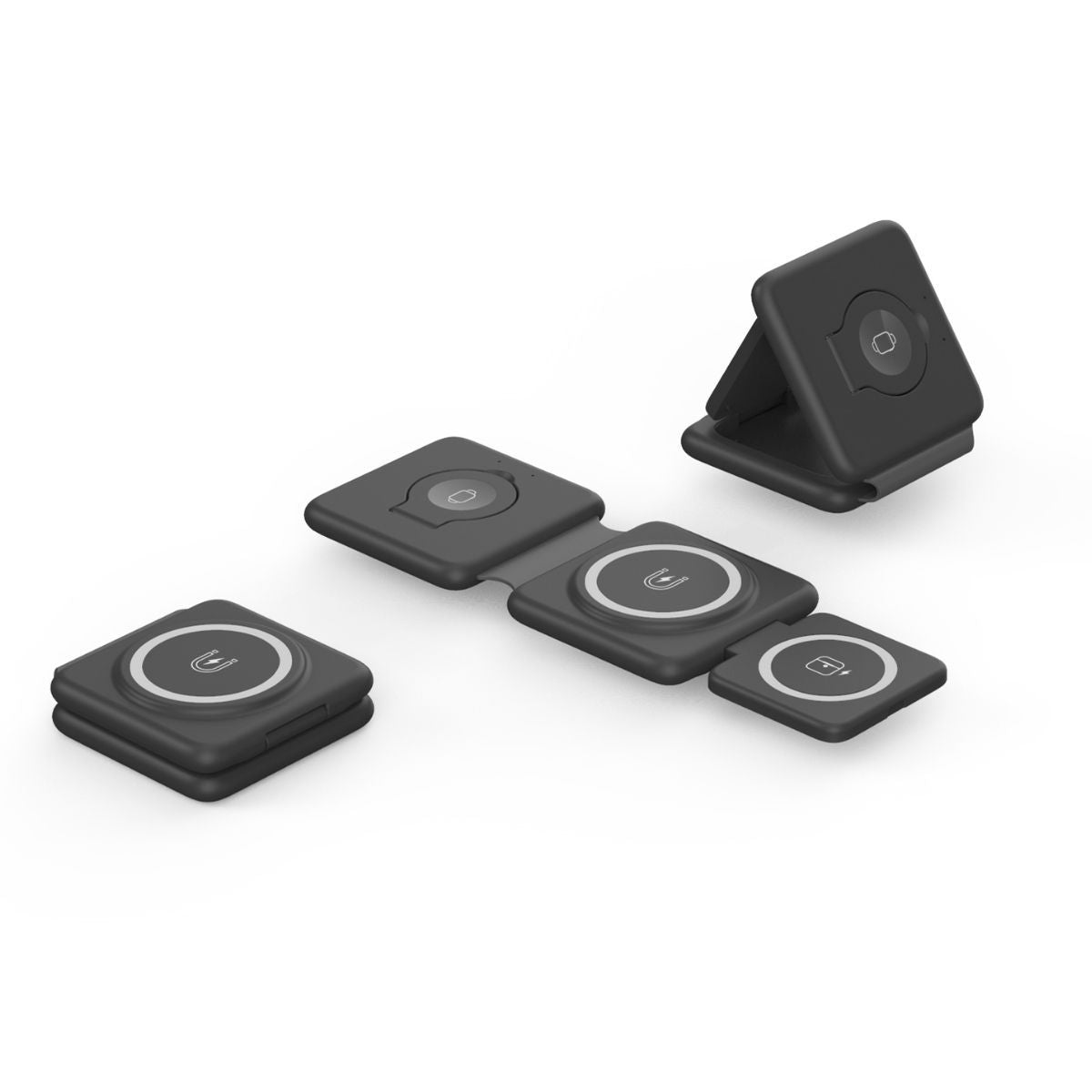 Black 3-in-1 folding magnetic wireless charger with multiple square charging pads
