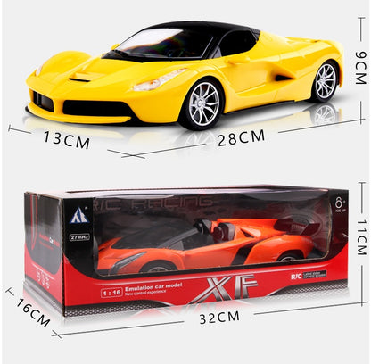 Yellow toy car with dimensions and packaging of an orange toy car in a box.