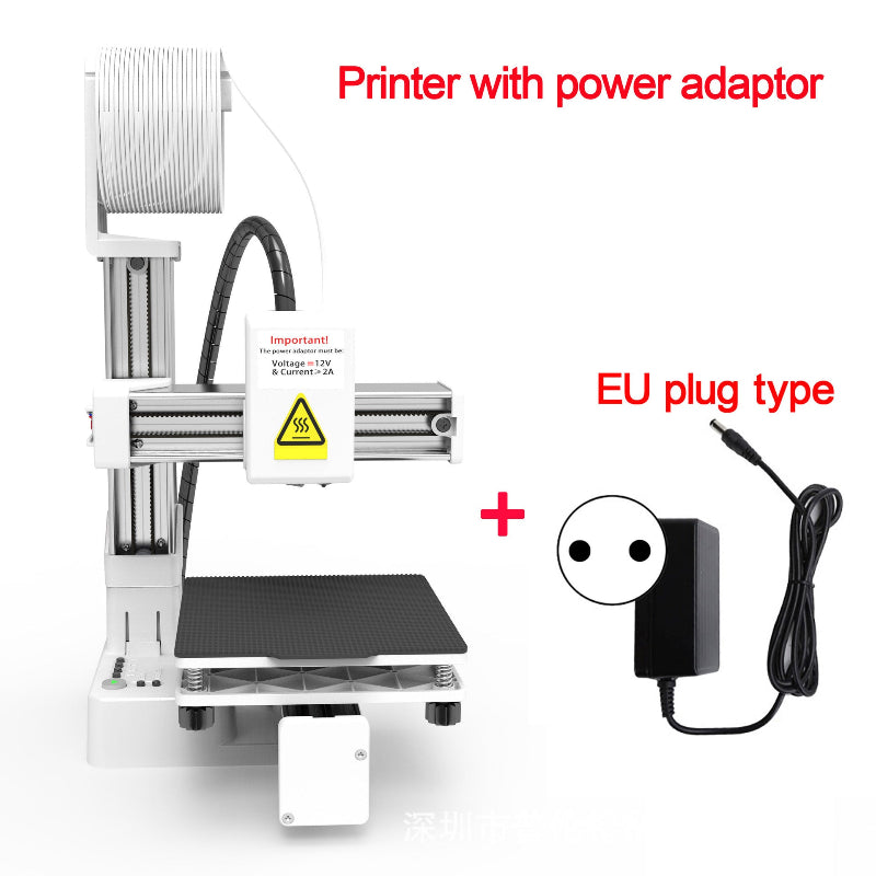 3D printer with power adapter on a white background