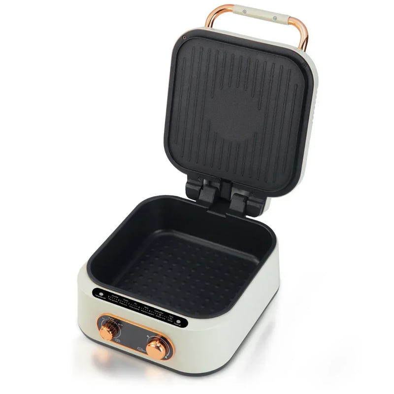3-in-1 electric hot pot grill cooker with open lid and black nonstick cooking tray, white body