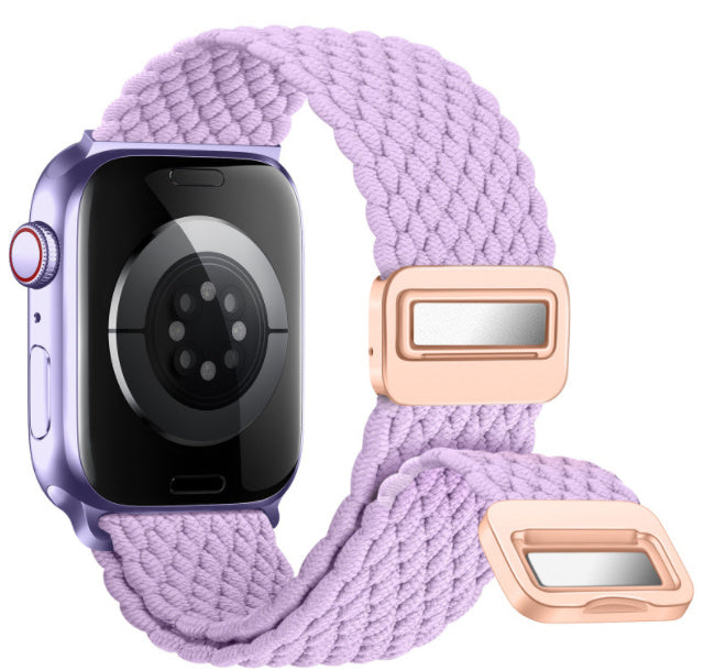 Smartwatch with a purple braided band and rose gold buckle on a white background