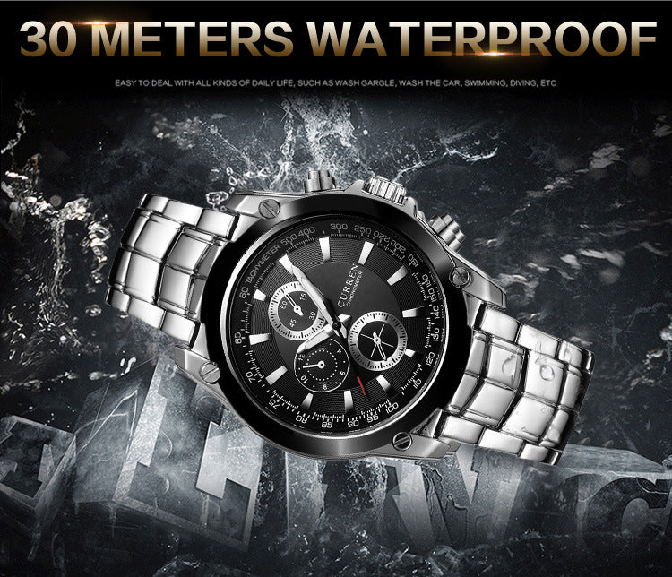 Silver wristwatch with black dial on a dark background, emphasizing waterproof feature.
