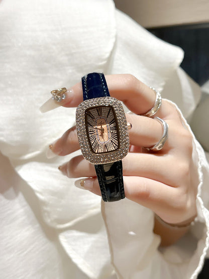 Women's diamond waterproof quartz watch with navy leather-look strap and rectangular bezel