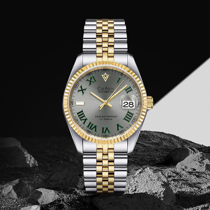Men's automatic mechanical watch with two-tone stainless bracelet and green dial