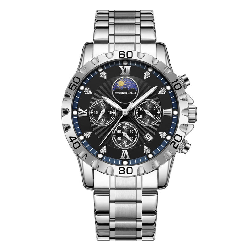 Silver wristwatch with a black dial on a white background