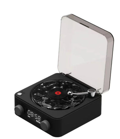 Black retro turntable Bluetooth speaker with open lid and vinyl-style platter