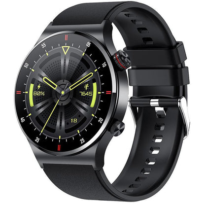 Bluetooth calling smartwatch with black case and black silicone strap, round black display