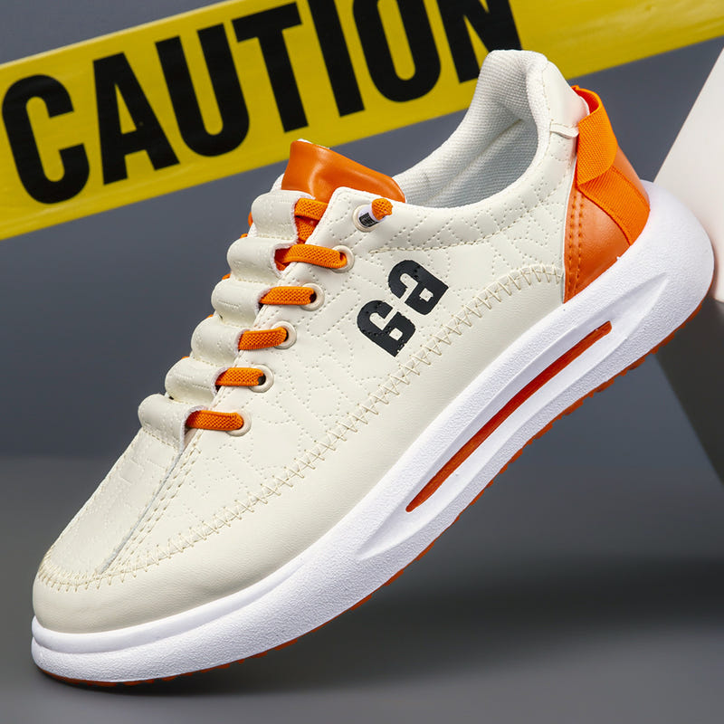 Men's light lace-up sneakers with orange accents and logo, thick white sole