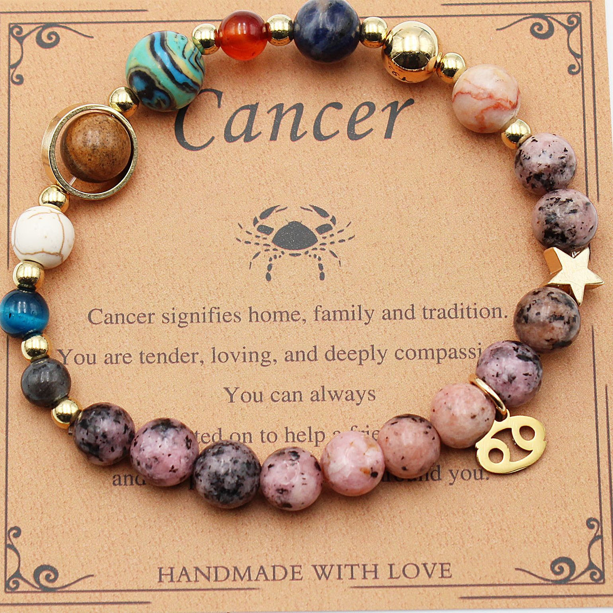 Beaded hemp bracelet with mixed natural stones and gold-tone star charm