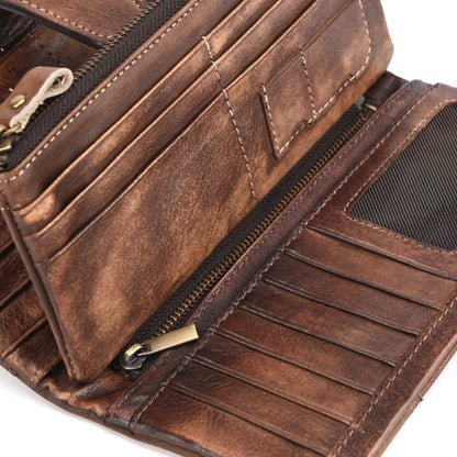 Brown leather long wallet interior with zip pocket and multiple card slots