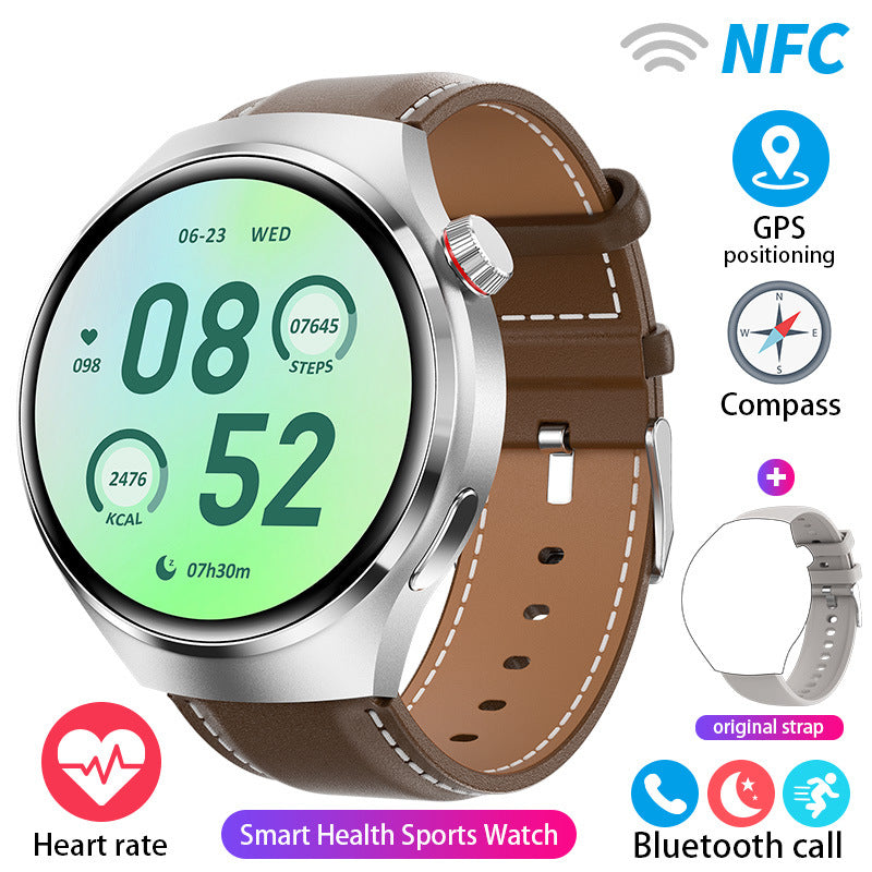 Round smartwatch with silver case and brown leather-style strap showing large green numbers