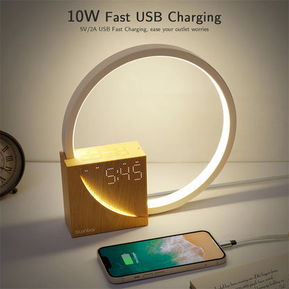 Smart clock with LED display and circular light on a table, featuring 10W fast USB charging.