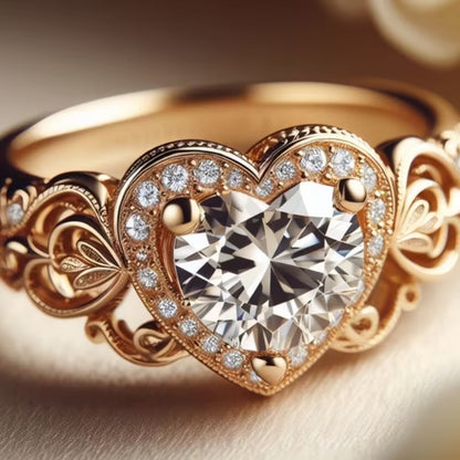 Gold ring with a heart-shaped diamond and intricate design on a soft background