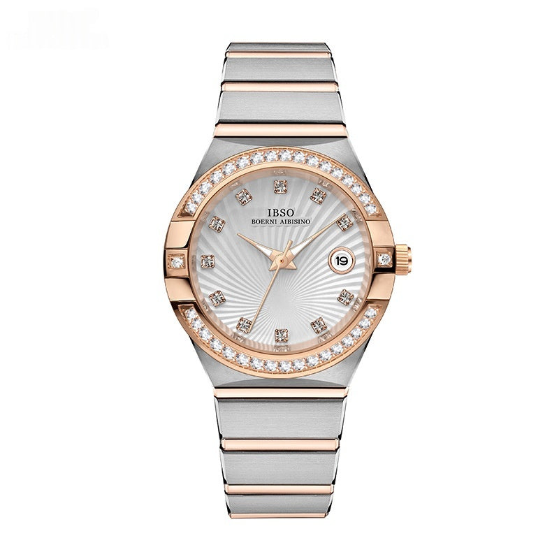 Luxury watch with rose gold and silver band on a white background