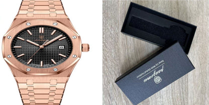Rose gold quartz wristwatch with black dial and metal link bracelet, gold-tone hands.