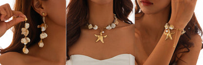 Starfish shell charm jewelry set, showing necklace and matching earrings