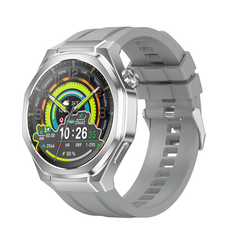 Silver smartwatch with a colorful display on a white background
